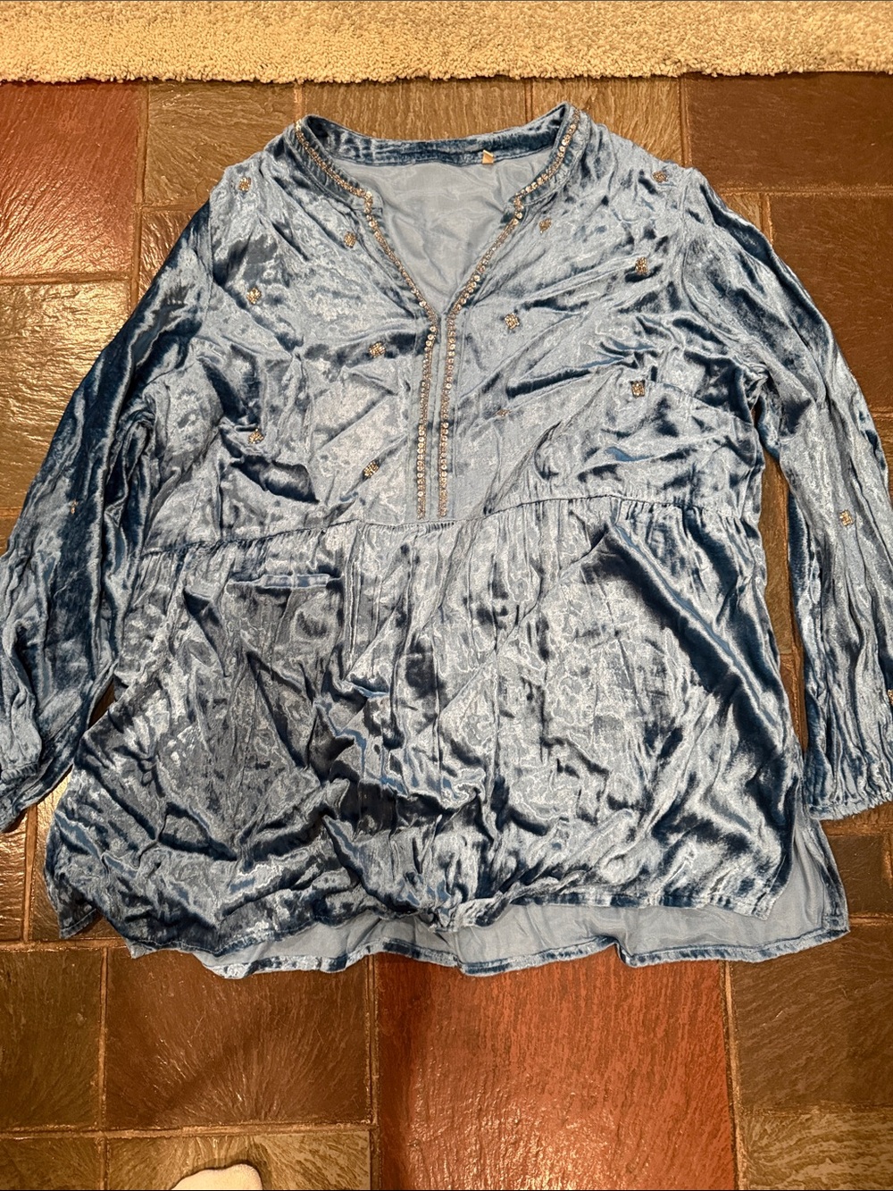Women's Blue Velvet Embellished Long-Sleeve Top